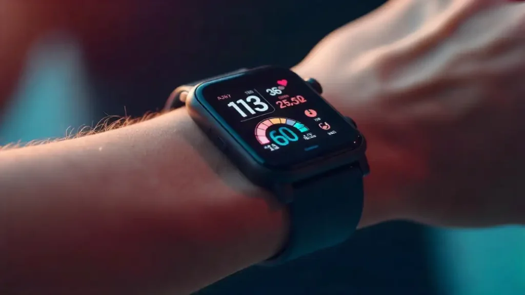 Fitness tracker on wrist showing health metrics and sleep stages