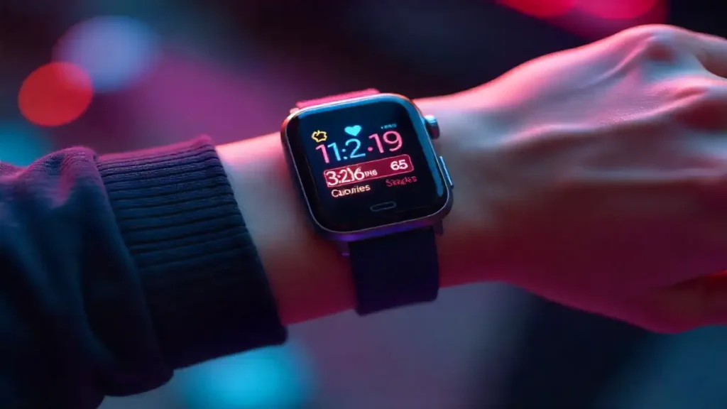 Futuristic fitness tracker displaying heart rate, steps, and sleep metrics