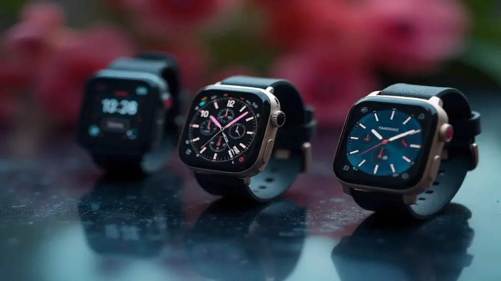 Apple Watch, Samsung Galaxy Watch, and Google Pixel Watch displayed on a reflective surface