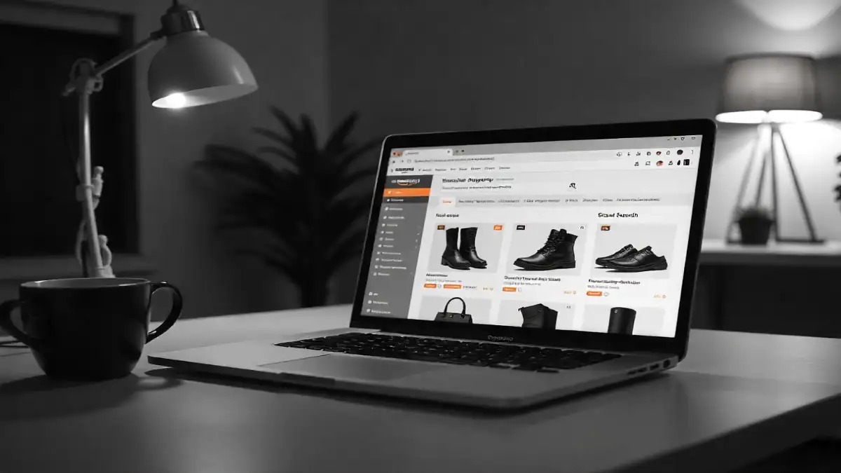 Laptop showing Amazon shopping page in a cozy modern workspace.