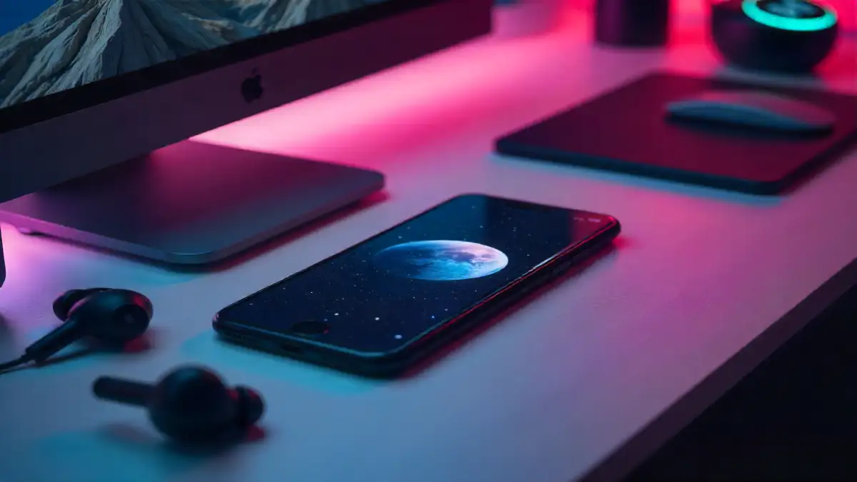 Futuristic tech accessories flat lay with smartphone, earbuds, smartwatch, and charging hub in 2025.