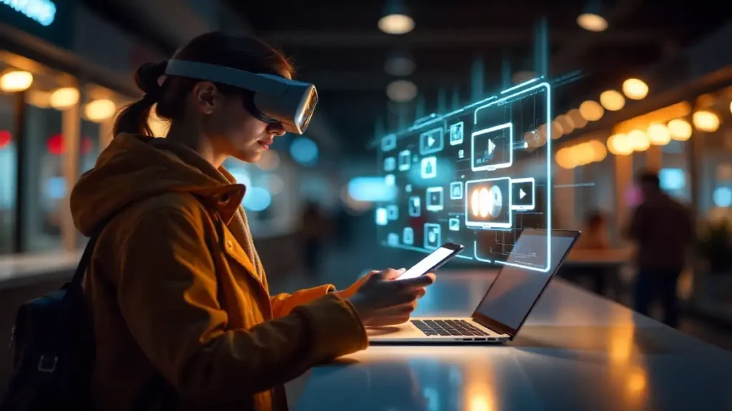 Futuristic online shopping in 2025 with holographic gadgets and AI assistant.