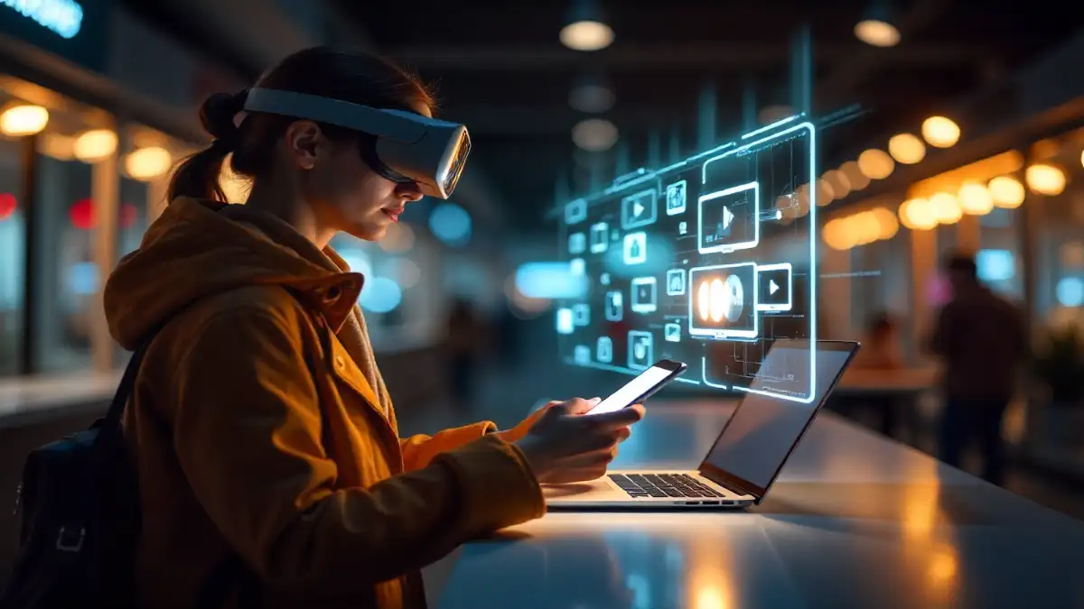 Futuristic online shopping in 2025 with holographic gadgets and AI assistant.