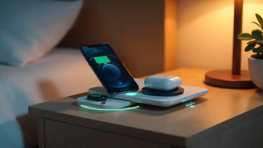 Multi-Device Charging Explained: A Guide to Wireless Pads & Hubs Multi-device wireless charging station with smartphone, smartwatch, and earbuds charging simultaneously