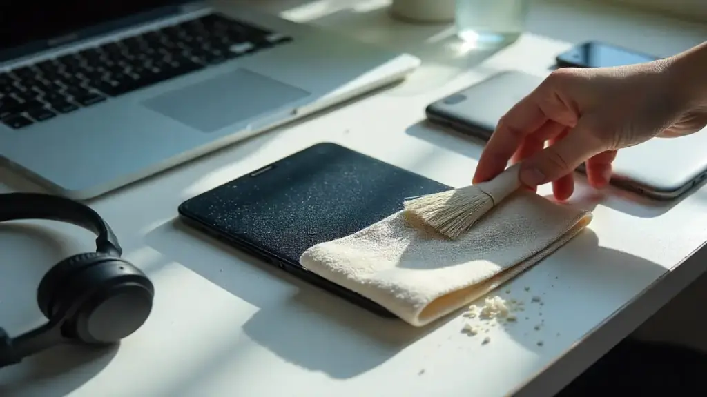 Cleaning gadgets: smartphone, laptop, headphones, and smart home devices on a modern desk