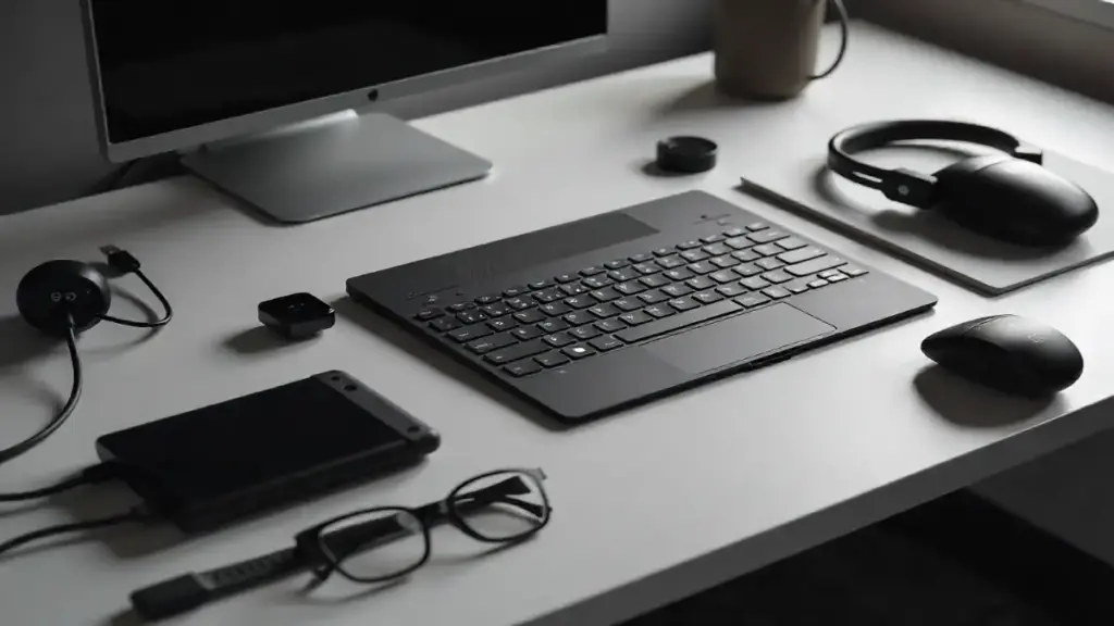 Futuristic tech accessories A-Z guide flat lay 2025