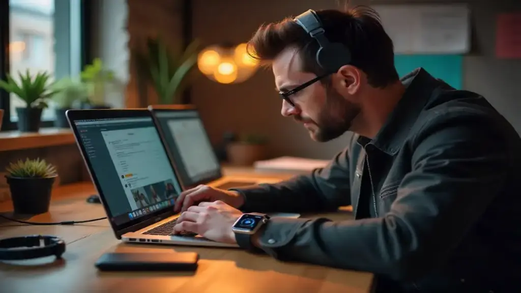 How to Find Trustworthy Gadget Reviews in a Sea of Sponsored Content Person researching gadget reviews on laptop, surrounded by smartphones and smartwatches
