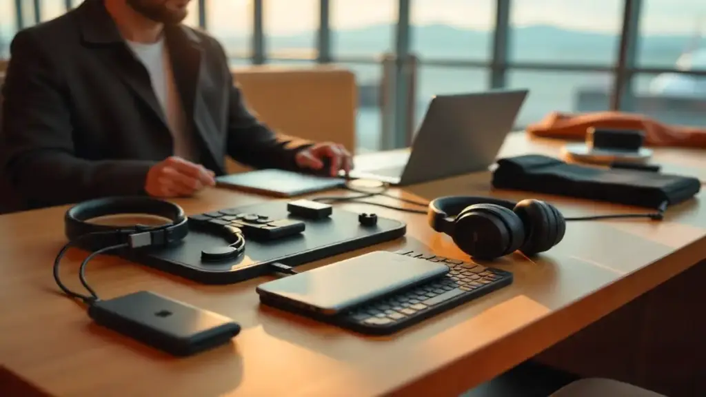2025 essential travel gadgets neatly organized for smart travelers