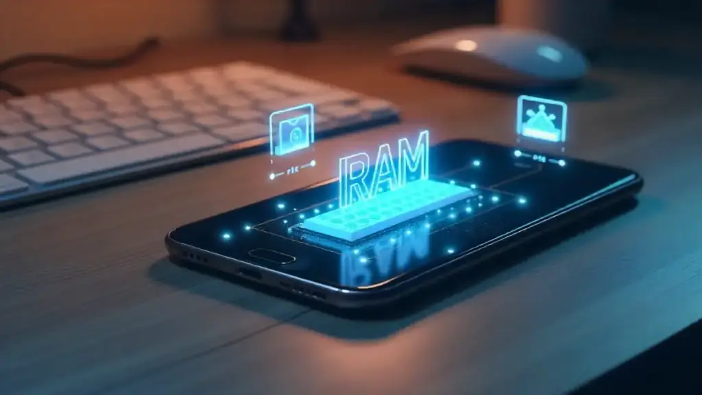 Smartphone with futuristic RAM and storage hologram icons.