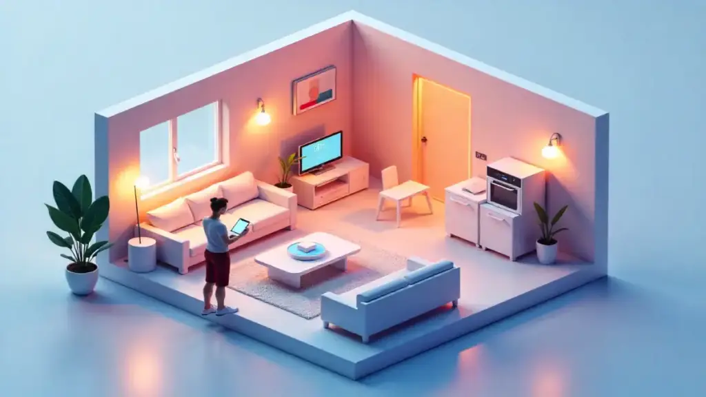 Isometric cutaway of a modern smart home showing connected devices linked to a central hub.