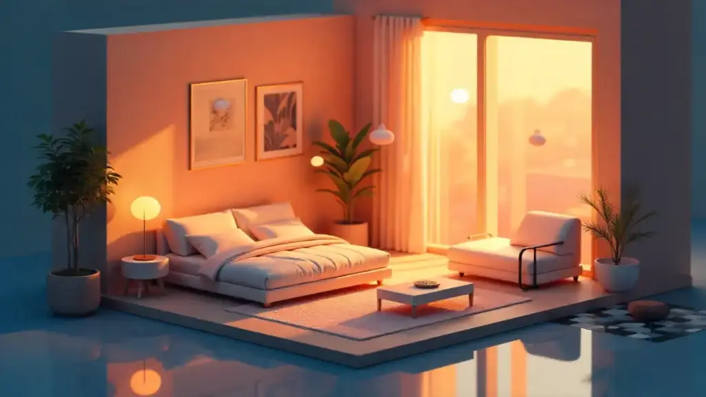 Futuristic isometric smart home illustration with connected devices linked to a central hub.