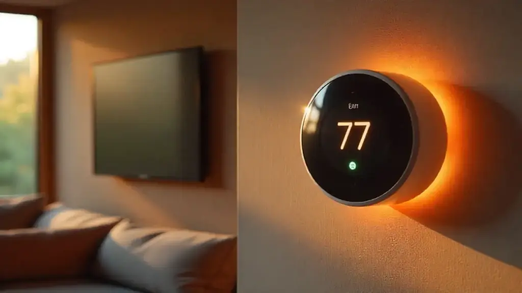 Nest Learning Thermostat vs. Ecobee SmartThermostat – A Detailed Smart Device Comparison Ecobee and Nest smart thermostats displayed in a modern living room