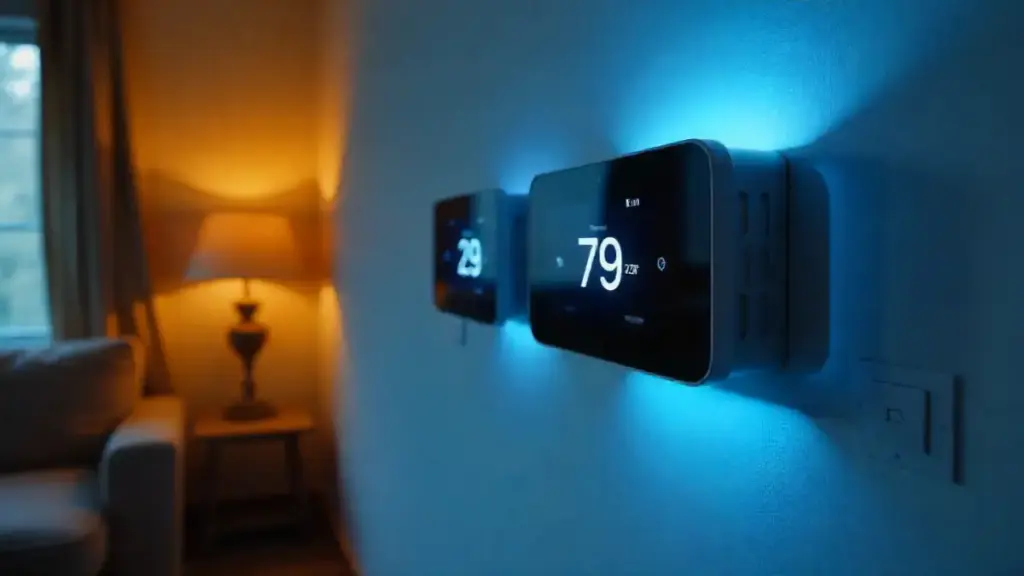 Google Nest and Ecobee smart thermostats in a modern living room
