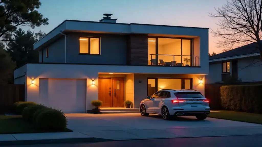 Smart home exterior with security automation active