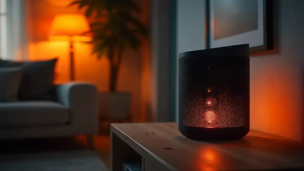 Hidden Features of Your Smart Speaker: Tips & Tricks You Didn’t Know About A modern smart speaker on a living room table, glowing LEDs, controlling lights and music, demonstrating hidden features.