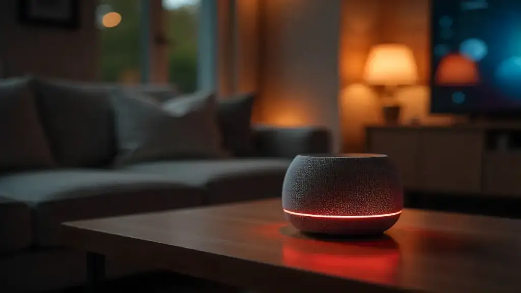 A modern smart speaker on a living room table, glowing LEDs, controlling lights and music, demonstrating hidden smart speaker features.