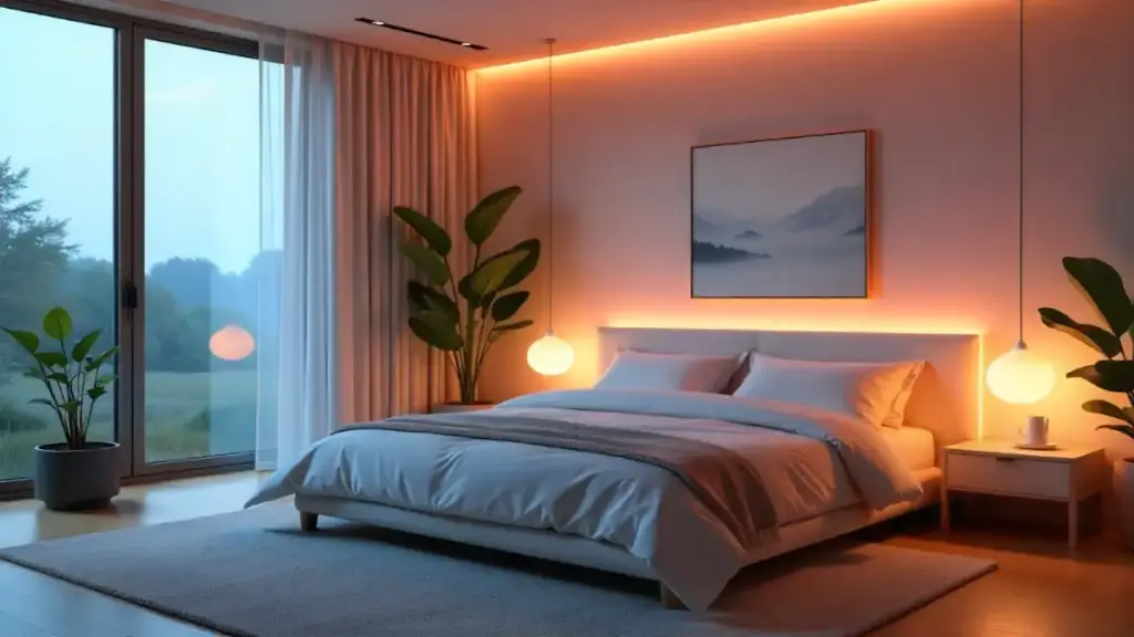 Futuristic smart home bedroom with ambient lighting and smart devices