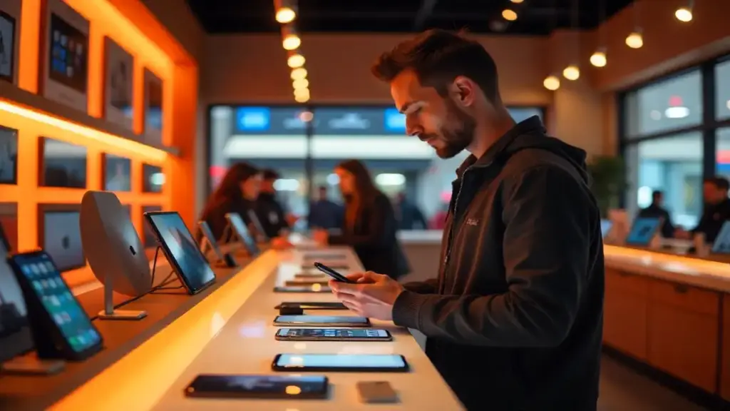 Customer comparing smartphones in a modern electronics store