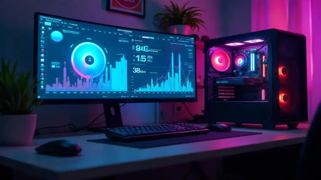 The Ultimate Guide to Graphics Cards (GPU): A Breakdown for Gamers & Creatives Futuristic gaming and creative workstation with multiple GPUs and holographic performance charts