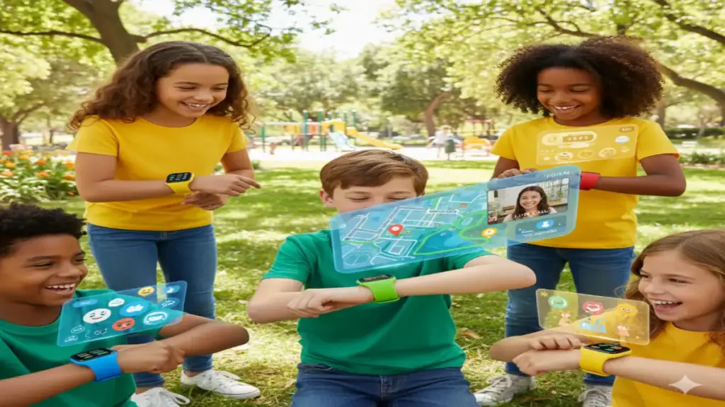Kids and teens wearing smartwatches with safety and fun features