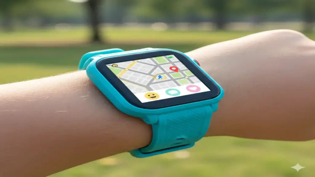 Close-up of a kids’ smartwatch showing GPS and message icons