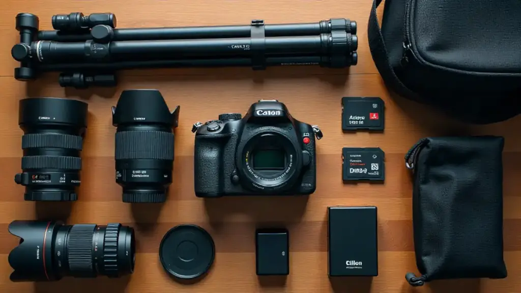 Essential camera accessories for amateur photographers on a wooden table