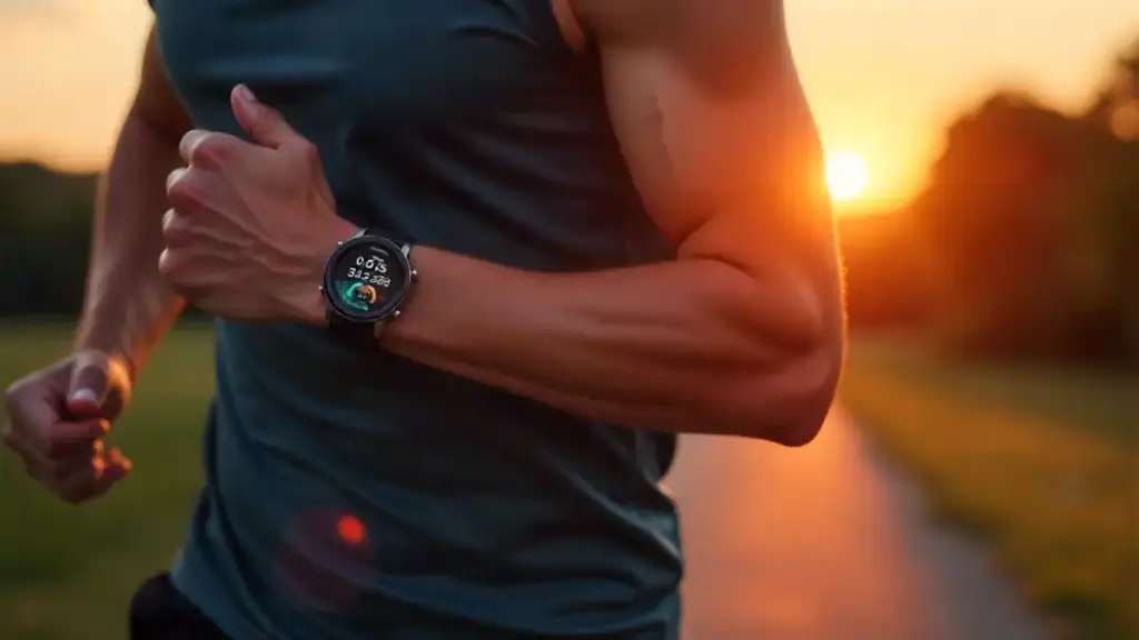 The Smart Way to Train: Decode Your Heart Rate Data (And Stop Making The 1 Workout Mistake) Fitness enthusiast running outdoors wearing a smartwatch with heart rate zones visualized as holographic overlays.