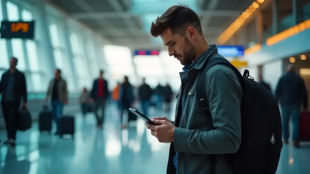 Traveler securing gadgets with locks, anti-theft bags, and trackers in a busy airport.