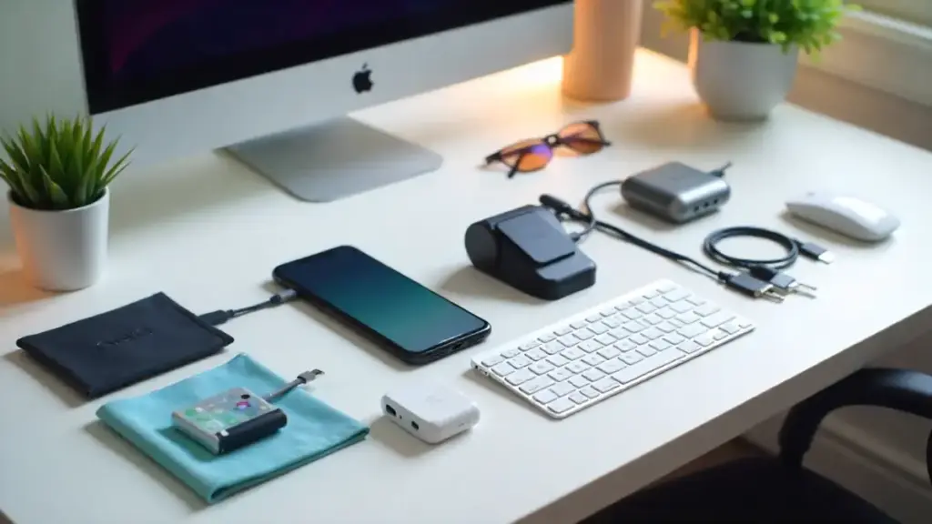 Top 10 essential tech accessories under $30 neatly arranged on a desk, including cables, chargers, phone stands, hubs, Bluetooth trackers, and organizer pouch.