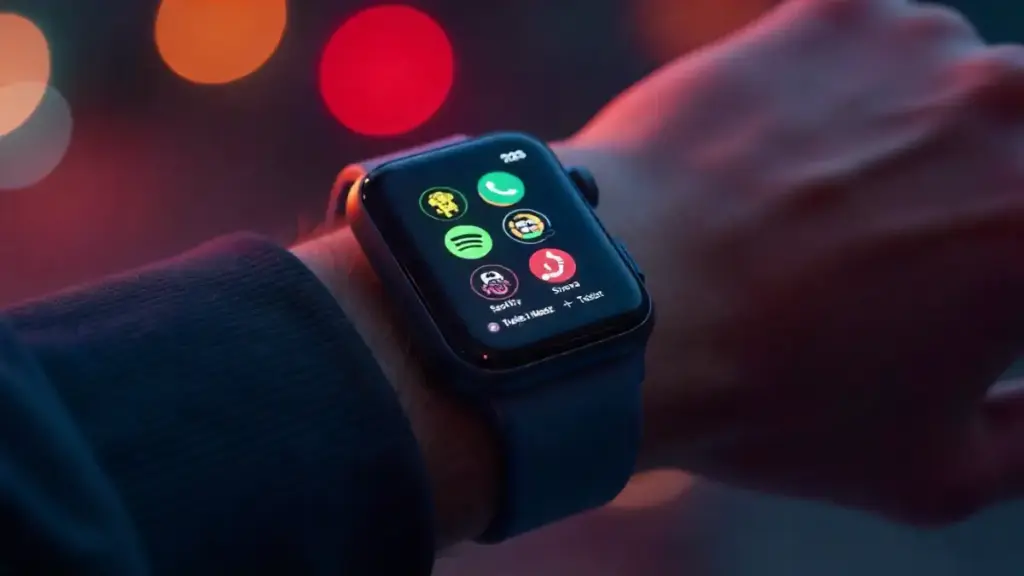 A modern 2025 smartwatch showing various essential apps, including music, navigation, and fitness, on a realistic wrist.