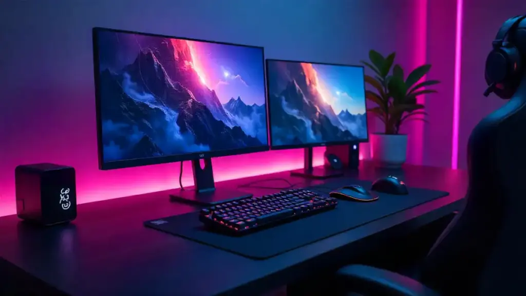 Tech gadget reviews 2025 workspace with OLED, Mini LED, smartwatches, and edge AI devices