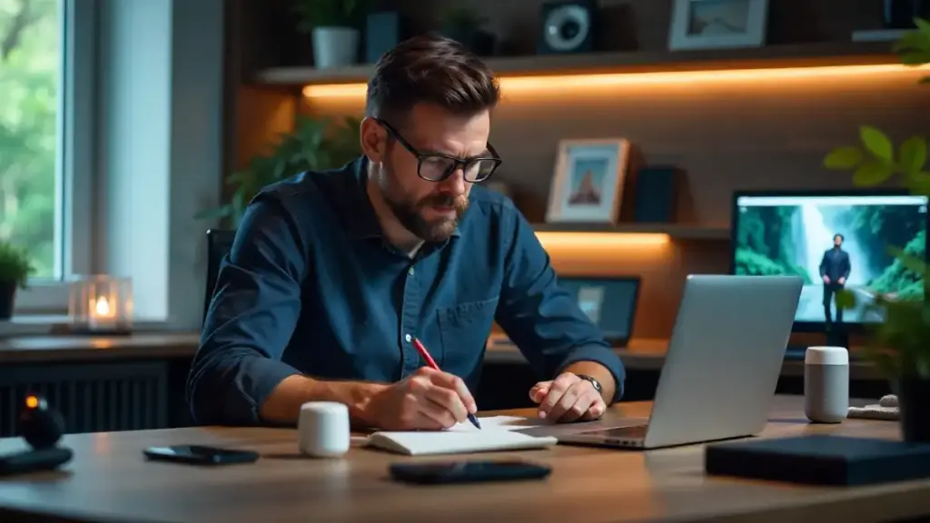 Realistic depiction of a tech reviewer testing multiple gadgets in a modern home office.