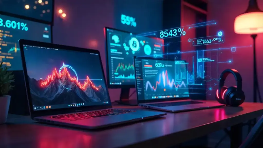 A digital workspace with multiple tech gadgets like laptops, headphones, mechanical keyboards, and smart home devices surrounded by floating price tags, notifications, and alert icons, symbolizing deal tracking and online shopping.