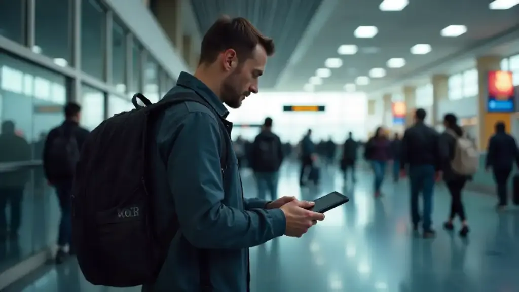 Traveler securing gadgets while traveling with locks, anti-theft bags, and trackers in a busy airport.