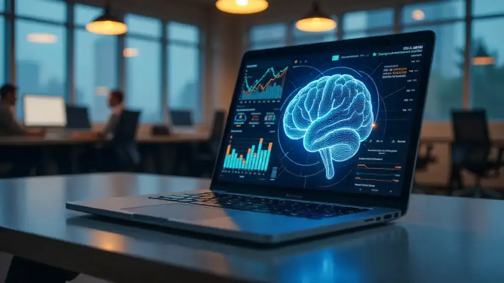 Futuristic AI-optimized laptop with holographic interface and glowing NPUs on a modern desk.