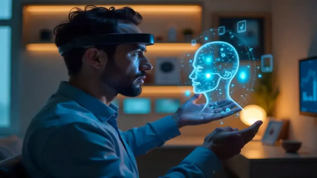 Man using mind-control device to operate smart home.