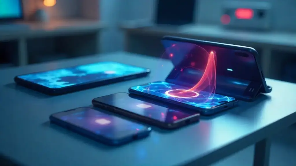 Foldable smartphones undergoing durability tests in a high-tech lab setting.