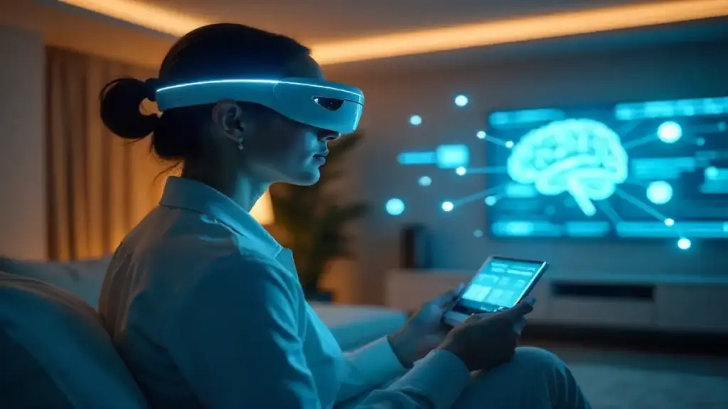 Person using a mind-control device to operate smart home technology.
