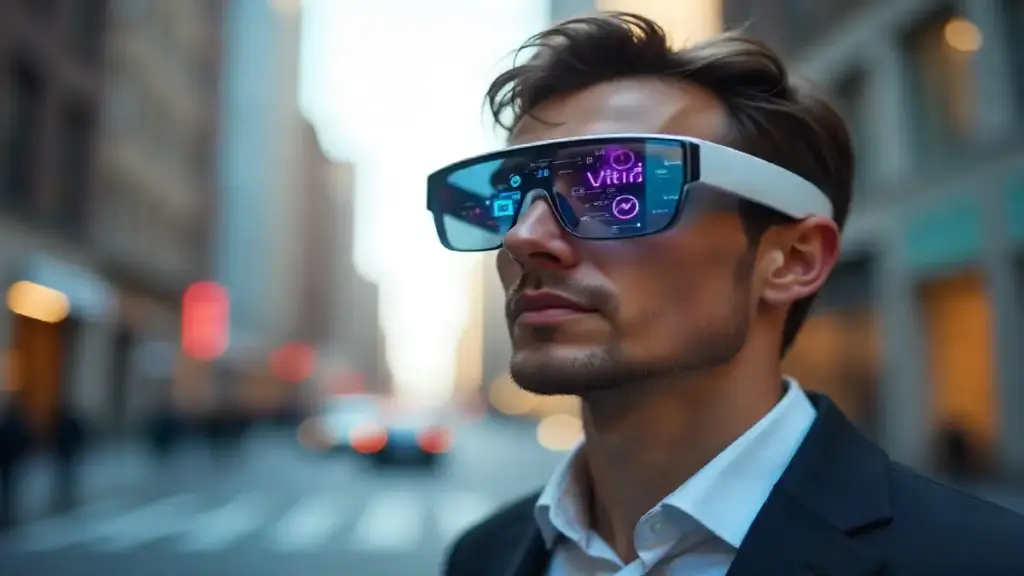 Person wearing next-gen AR smart glasses with holographic display in city environment