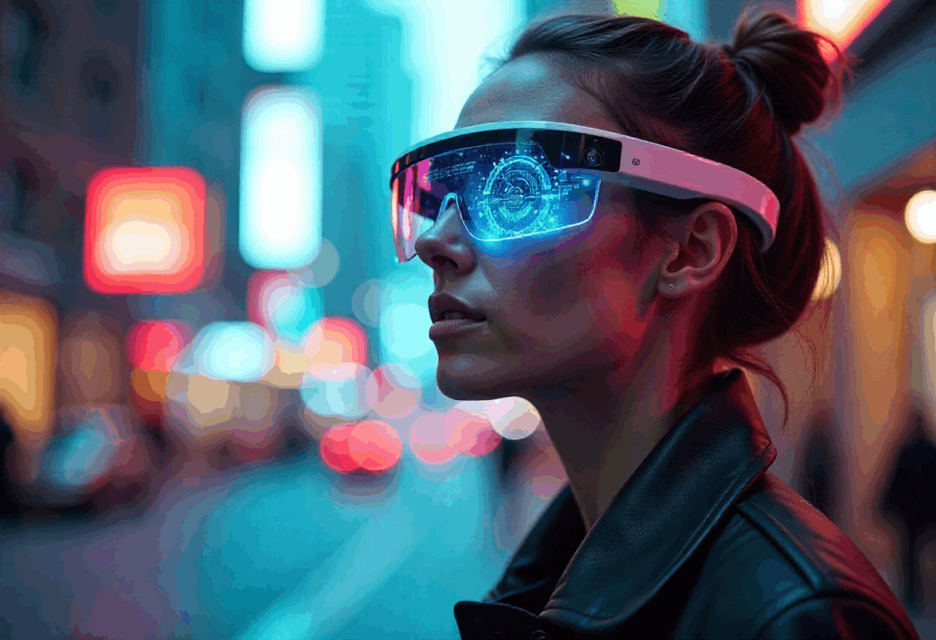 Person wearing next-gen AR smart glasses with holographic interface