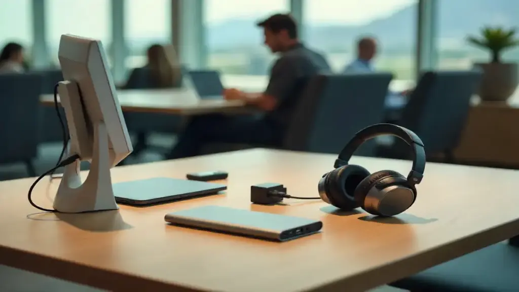 The Best Tech Accessories for Travelers: From Power Banks to Portable Monitors Compact travel tech kit on airport table with essential accessories.