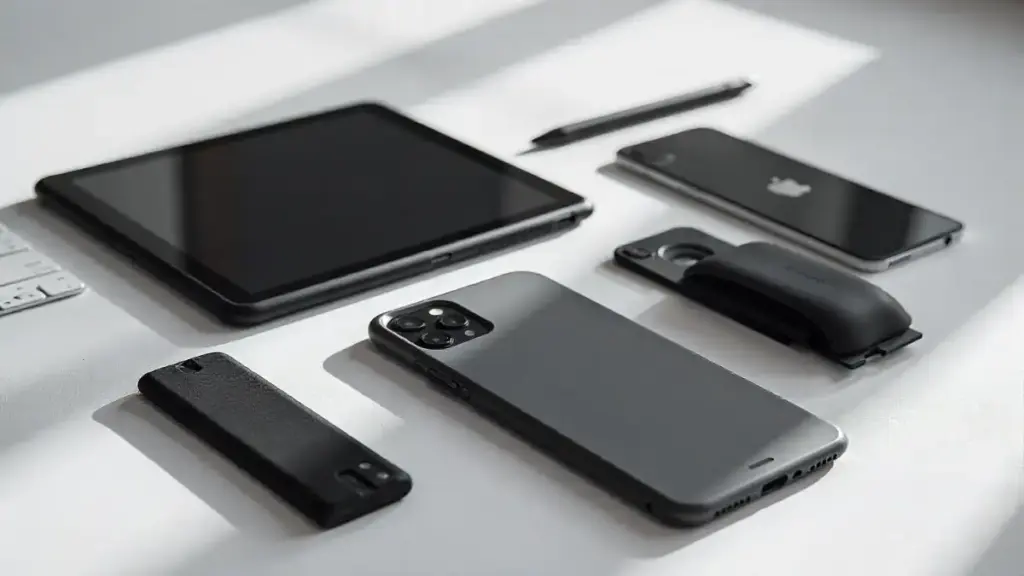 Smartphone, tablet, and laptop with cases and screen protectors
