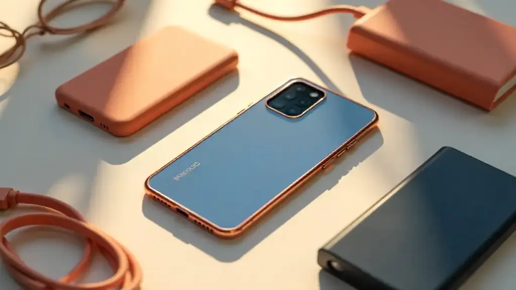 Essential smartphone accessories flat lay with modern devices