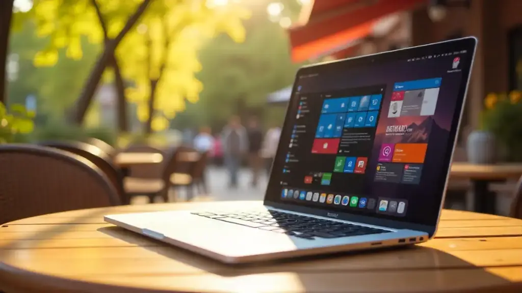 Laptop with bright outdoor display at café