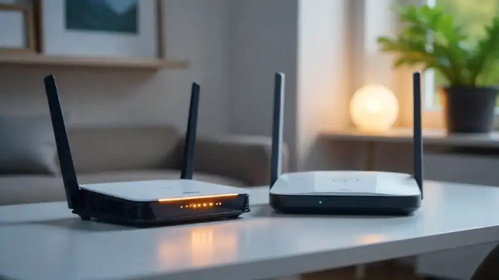 Wi-Fi 6 and Wi-Fi 7 routers side by side on modern desk