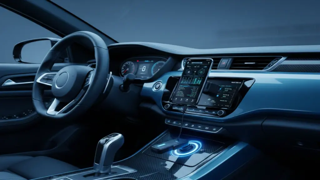 Modern OBD-II scanner connected to a car showing diagnostic data