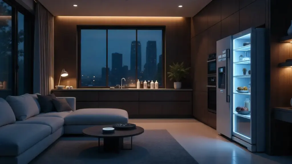 AI Smart Devices 2025: Real Innovation or Just Hype? Smart home with AI devices in use, showing wearable tech, smart lights, and intelligent appliances in a modern setting.