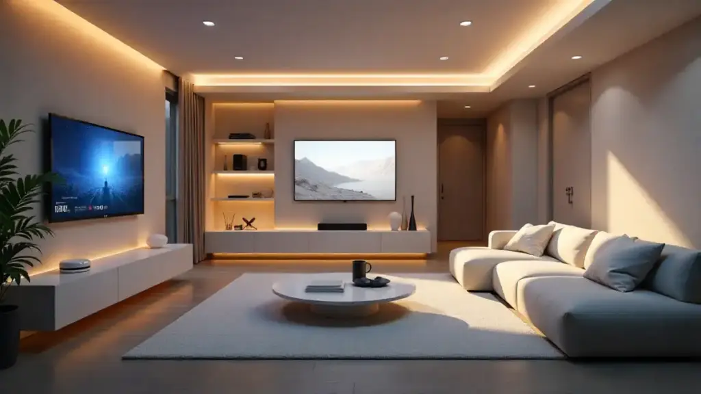 AI smart home assistants managing daily tasks in a modern living room