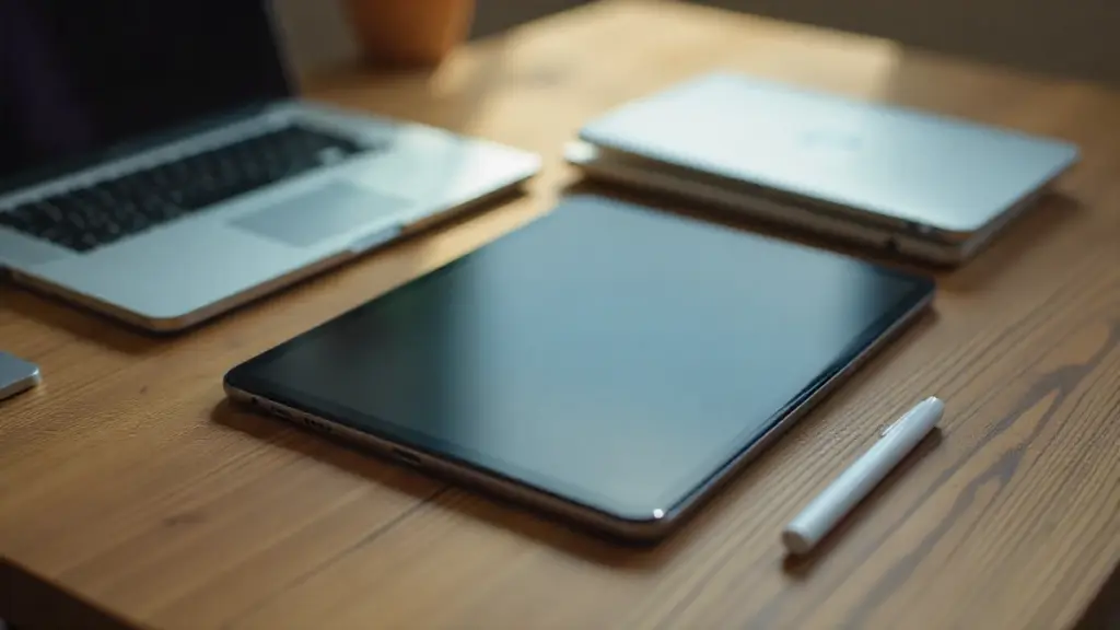 Refurbished electronics setup with laptop, smartphone, and tablet