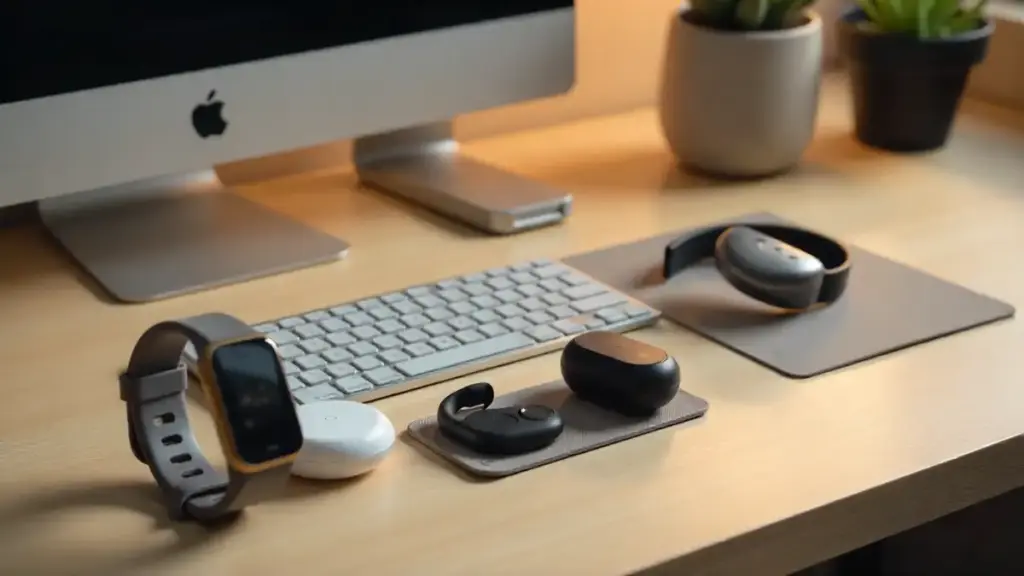 Modern desk setup with 2025 tech gadgets including smart home devices, wearables, and earbuds.